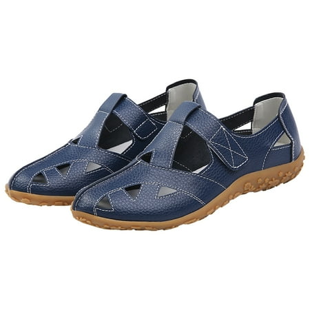 

KIJBLAE Women Hollow Out Loafers Summer Shoes Leather SandalsBreathable Beach Shoes Ladies Comfort Slip-On Flats Sandals Dark Blue 40
