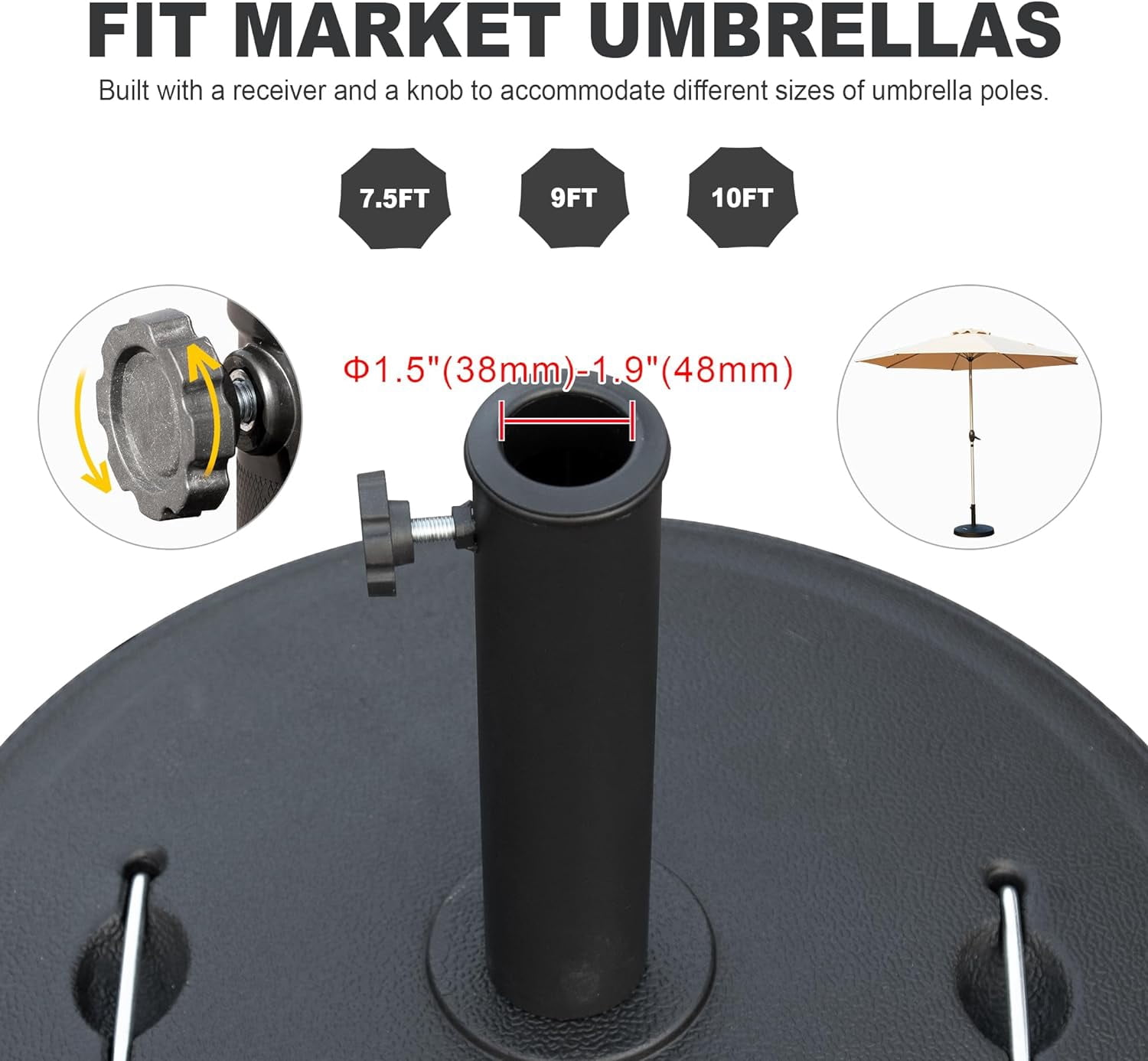 Domi Patio Umbrella Base, Umbrella Stand Base with Adjustable Knob and 2 Durable Handles, Patio Table Umbrella Base for Outdoor 1.5''~1.9'' Market Umbrella Heavy Duty Umbrella Holder, Black