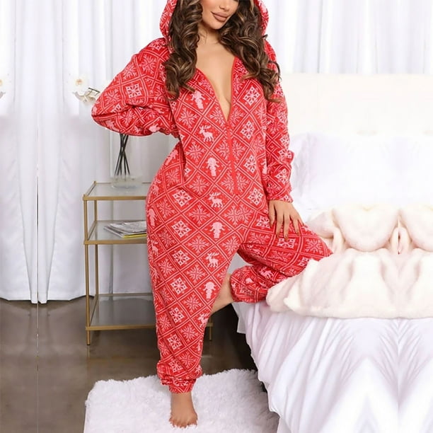 Women Onesies Hooded Pajamas Adult One Piece Sleepwear Long Sleeve Zipper Closure Romper Loungewear S Xl Walmart Com