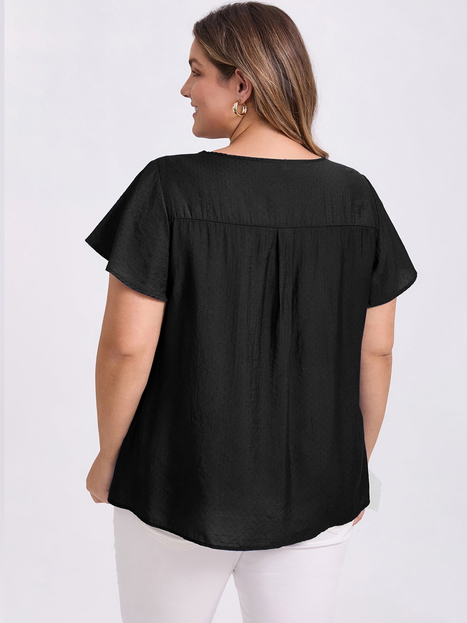 DARING DIVA Women's Plus Crew Neck Ruffle Casual Blouse 1X Black