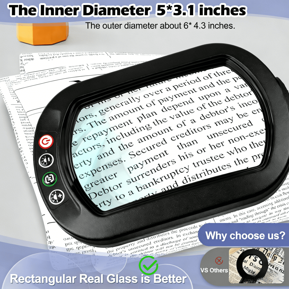 Veemagni Square Magnifying Glass with Light and Stand - Real Glass LED Magnifier with Clamp, 5 Color Modes Stepless Dimmable Hands-Free Desk Lamp for Reading Craft Hobby Close Work - Black