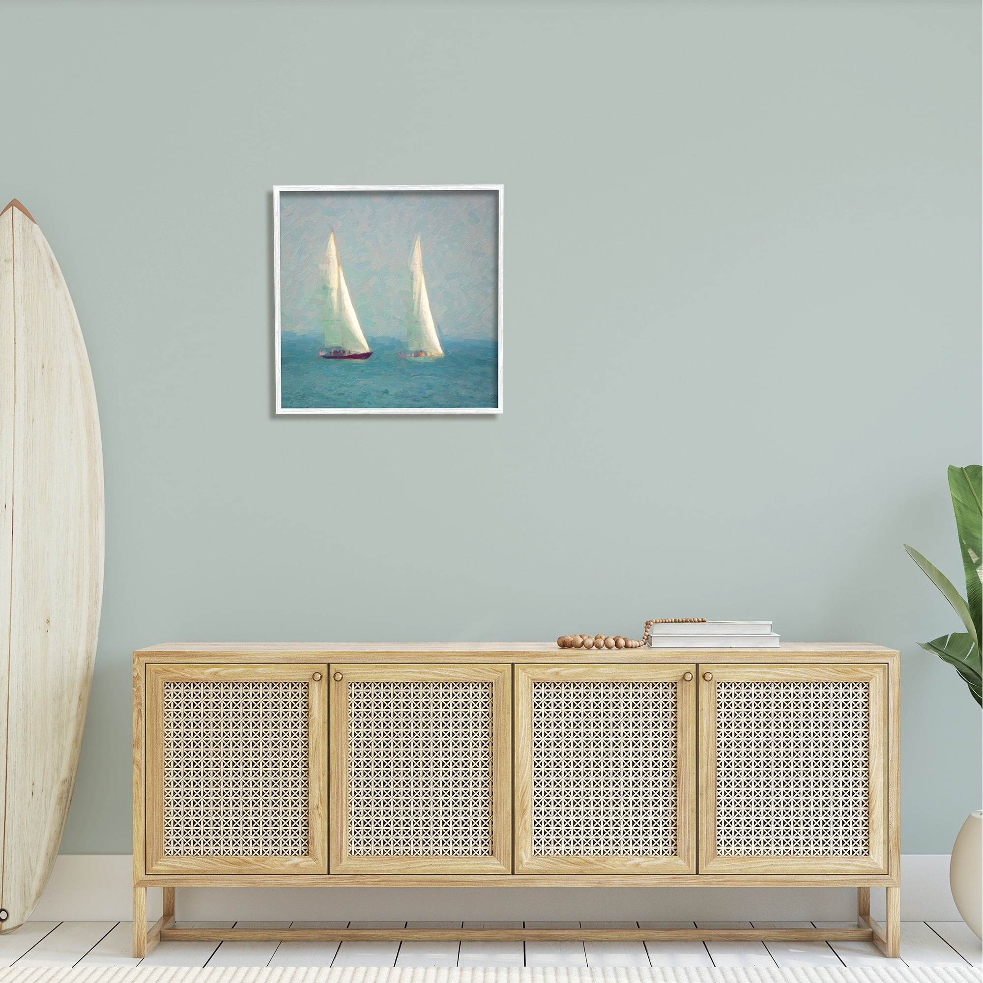 Stupell Industries Two Sailboats Floating Foggy Ocean Weather Painting Painting White Framed Art Print Wall Art, Design by Graffitee Studios