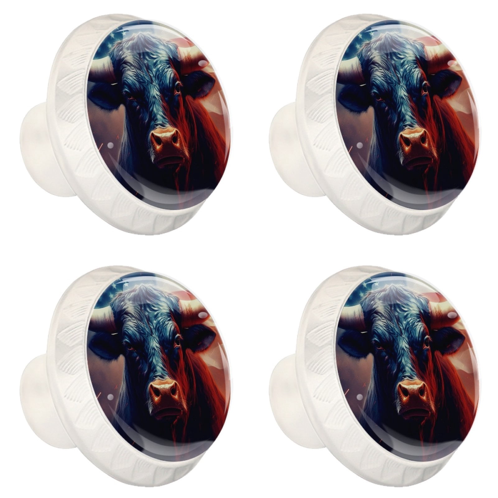 4 Pcs Cow American Flag Knobs for Kitchen Cabinet Cupboard Dresser Bookcase Drawer Pulls Handles Round Home Decor