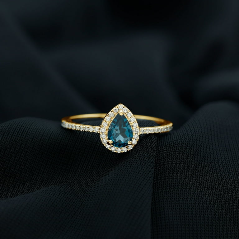 Real London Blue Topaz Teardrop Ring with Moissanite Halo 5X7 mm
