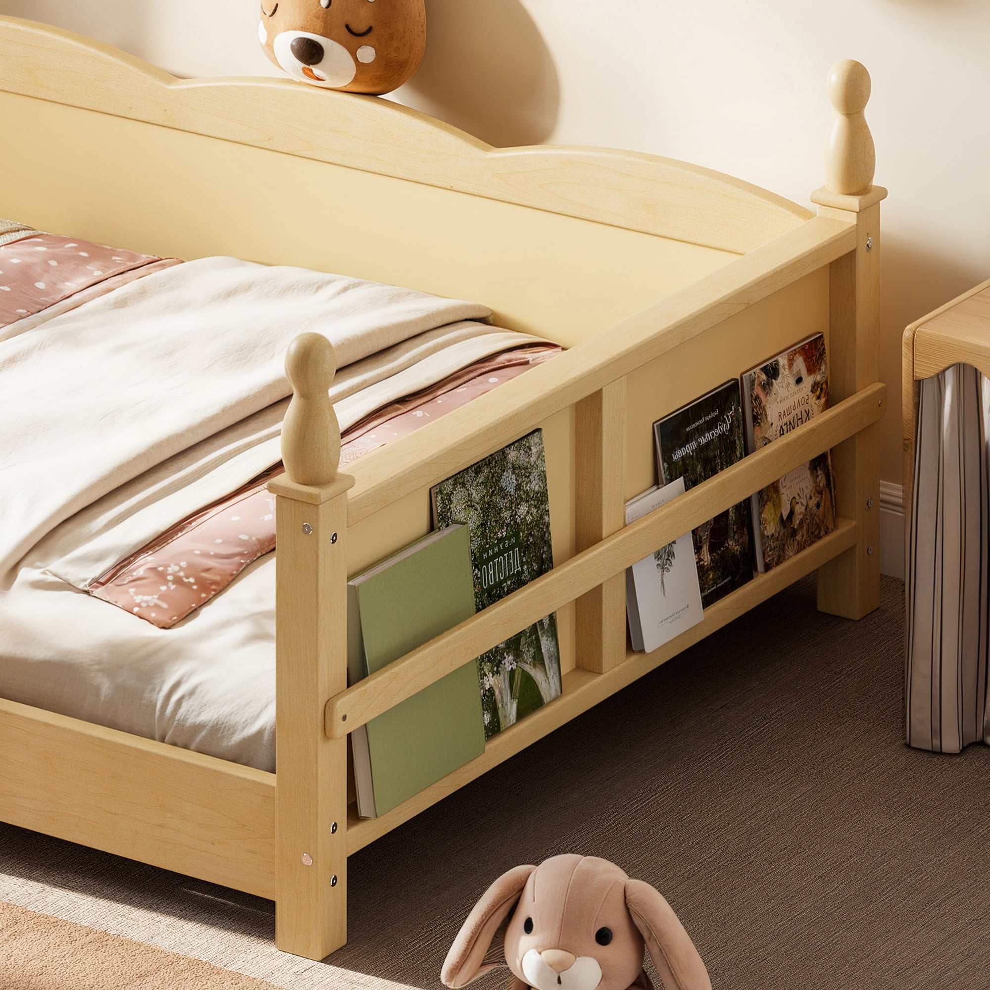 Montessori Twin Floor Bed with Full-Length Guardrails and Bookshelf, Low Profile Kids Bed with Childlike Design, Natural