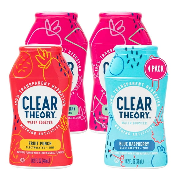 Clear Theory® Water Flavoring Drops, Electrolytes Drink Mix, Water Enhancer Liquid, Flavored Hydration for Kids, Vegan, Gluten Free, Low Calories, Stevia, Variety Pack, 4 Pack, 1.62 Fl Oz Bottles