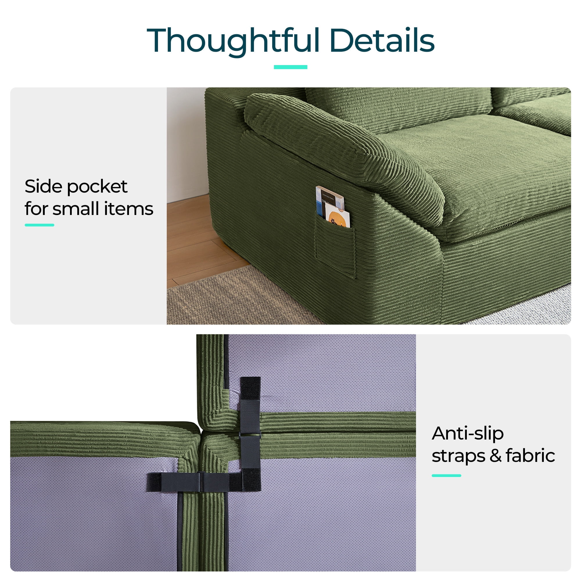 LINSY HOME Oversized 79" Boneless Sectional Couches for Living Room, Cloud Couch Sofa with Corduroy Fabric, 2 Seat Foam Sofa for Living Room, No Assembly Required, Green