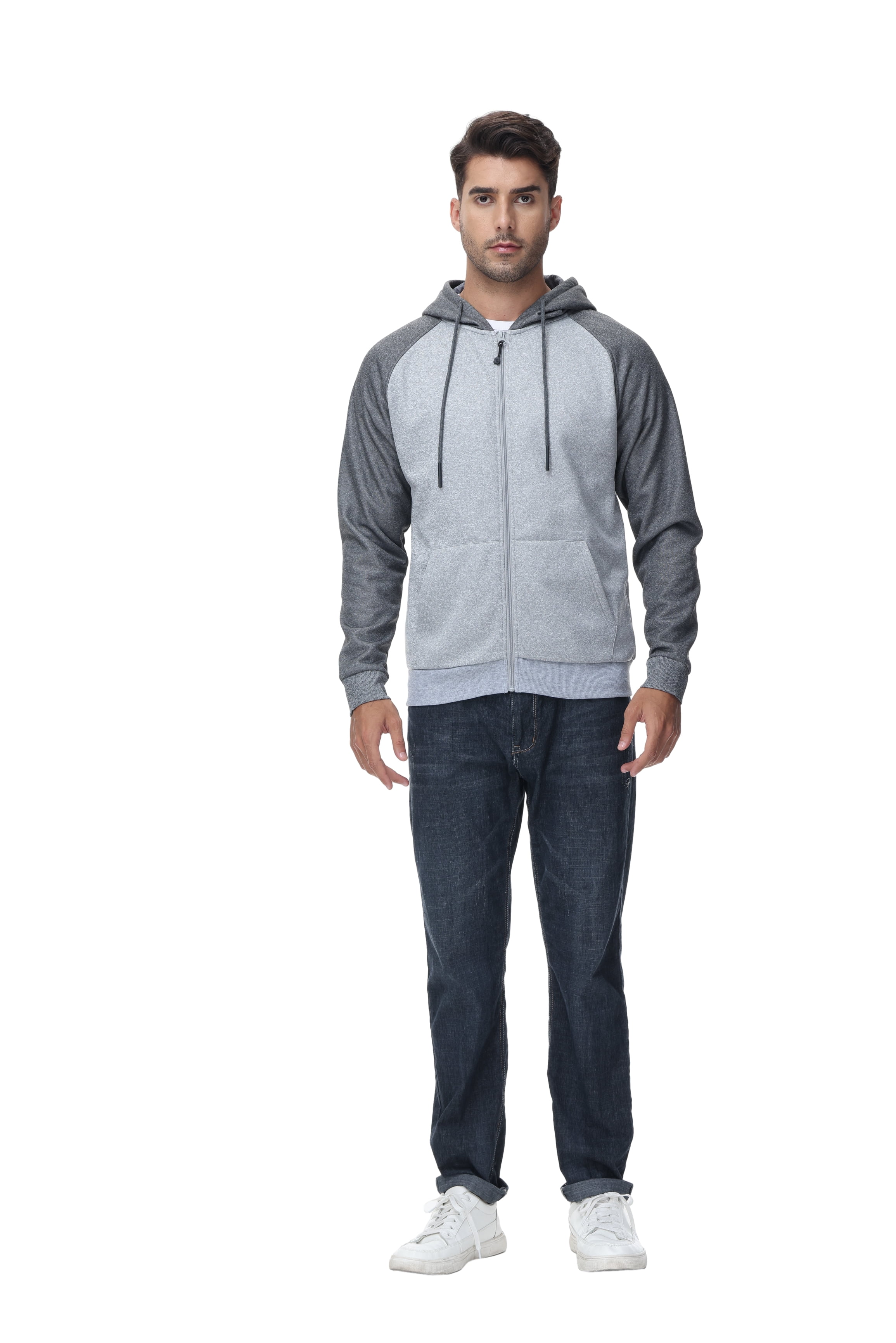 Weilanxin Men's Color Block Pullover Fleece Hoodie Casual Hooded Sweatshirts Tops Full Zip Jacket with Pocket Athletic Hoodies For Men Dark Grey Contrast Light Grey S