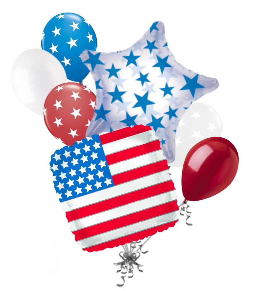 7 pc Patriotic American Flag Square Balloon Bouquet USA 4th July