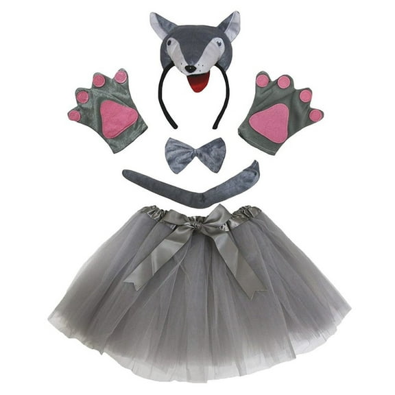Petitebelle Cutie Wolf Headband Bowtie Tail Gloves Tutu 5pc Costume (Gray, 1-5 Years)
