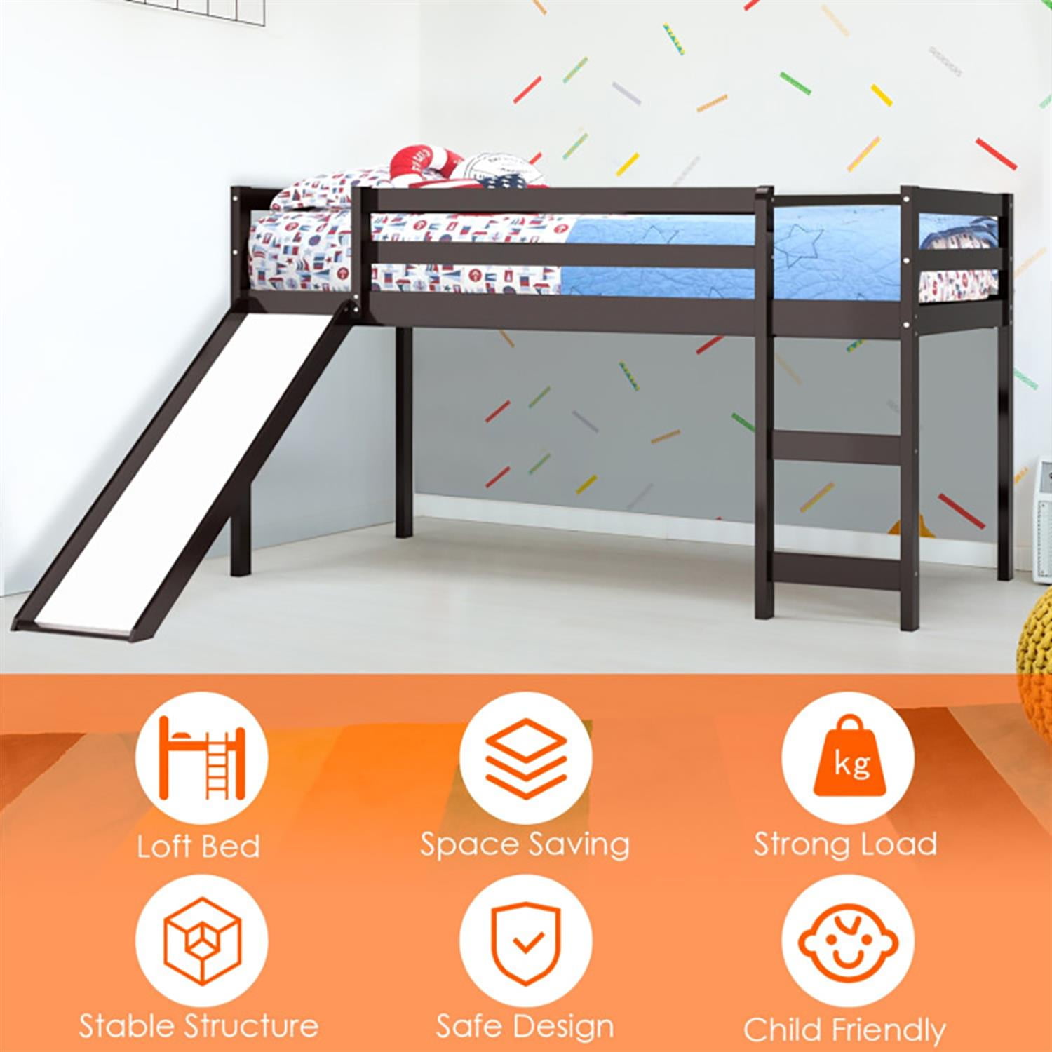 Demi Bonn Twin Over Twin Floor Bunk Bed with Slide and Ladder, Solid Pine Wood Low Bunkbeds with Safety Guardrails for Dorm, Bedroom, Guest Room, Brown