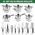 thumbnail image 2 of NOVRY Batería de Cocina de Acero Inoxidable de 20 Piezas, Juego de Ollas y Sartenes Antiadherentes con Juego de Cuchillos para Estufas de Inducción, Eléctricas y Gas (color metalico), 2 of 5