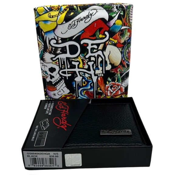 Ed Hardy Men's Bifold Black Wallet With Valet Tray Gift Box