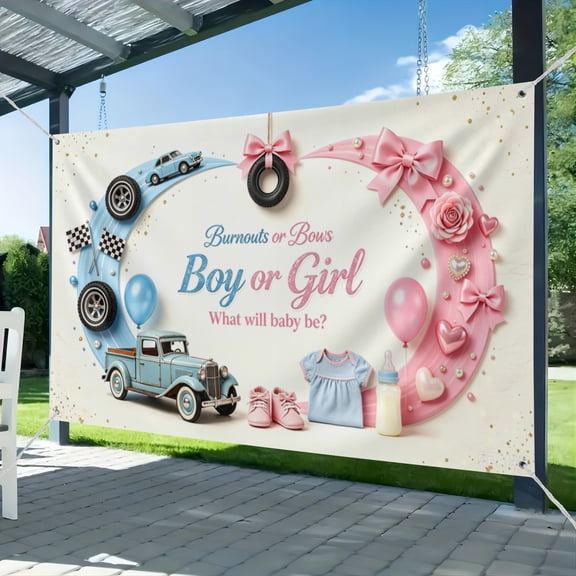 Burnouts Or Bows Gender Reveal Banner Burnouts or Bows Gender Reveal Decorations Backdrop Pink Blue Boy or Girl Baby Shower Party Supplies (1) 51*59IN