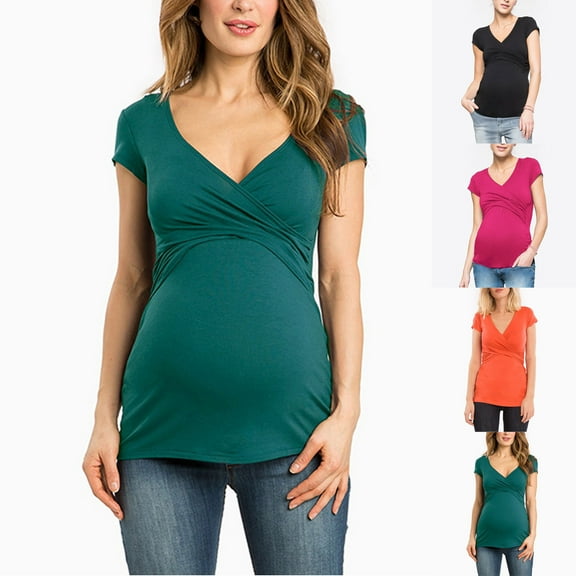 Miluxas Women's Maternity Nursing Tops , Layered Wrap for Breastfeeding, V-Neck Short Sleeve Tee Shirts