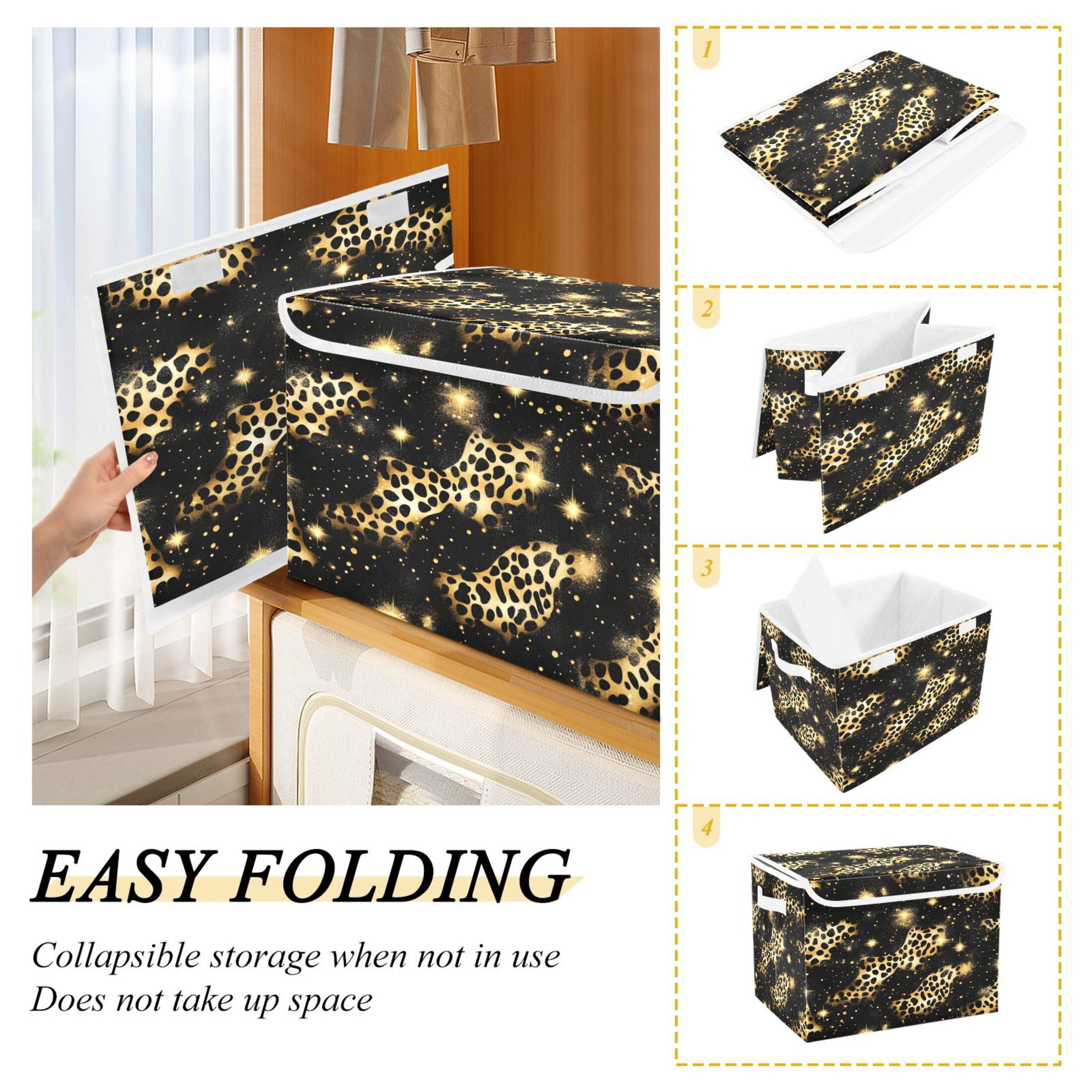 Ryvnso Golden Leopard Print Large Lidded Foldable Storage Baskets Cubes Boxes Lids Bin for Home