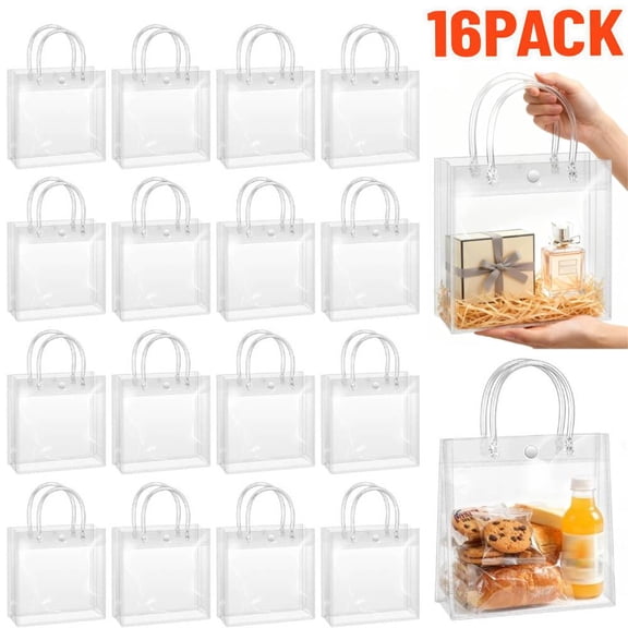 16 Pack Clear Gift Bags with Handles, 7.9" x 7.9" x 3.2" Small Reusable Plastic Party Favor Bags Bulk, Transparent PVC Tote Bag for Birthday, Wedding, Valentine's Day