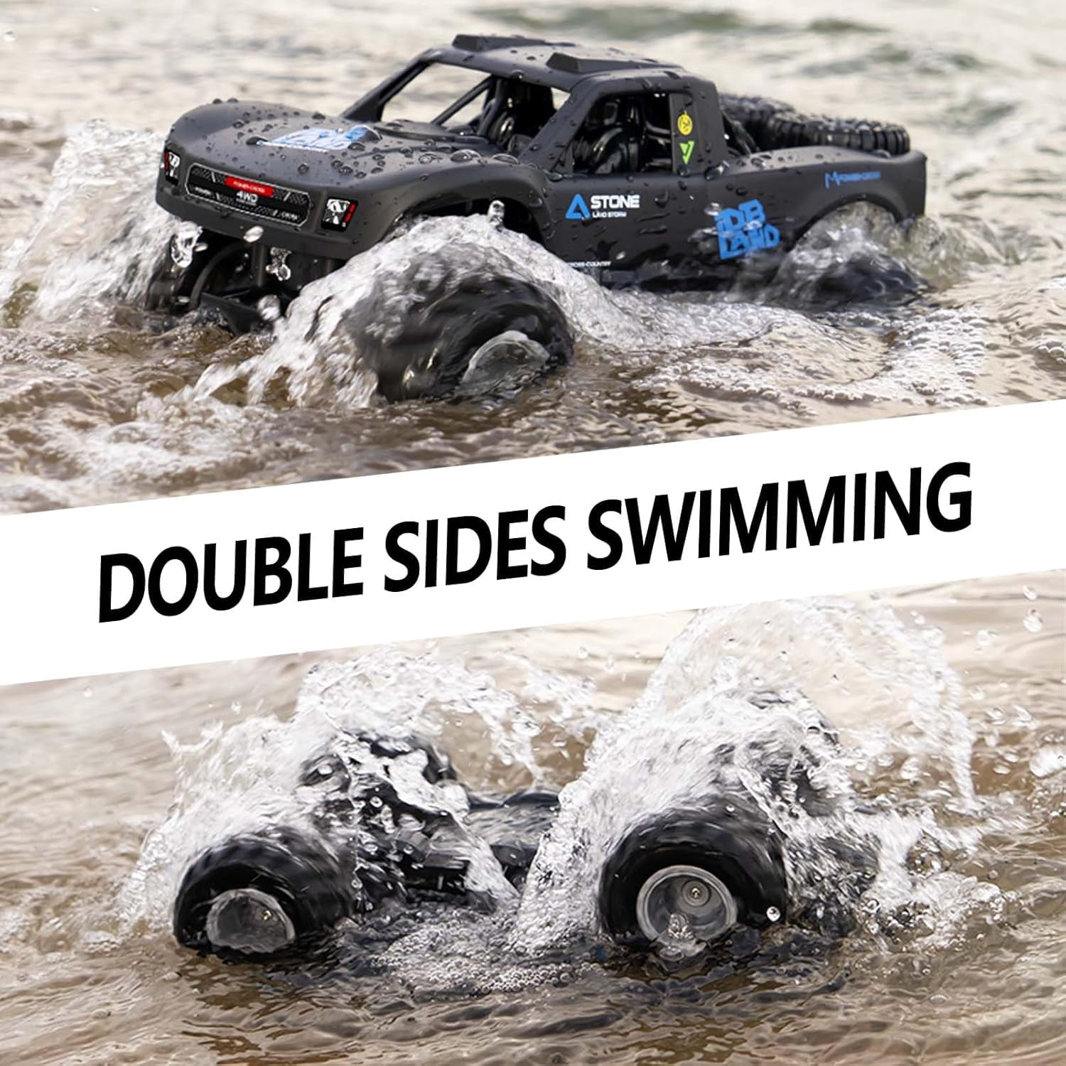 1:16 Amphibious Remote Control Car, RC Monster Truck for Kids, All Terrain 4WD RC Toy with 2 Batteries, 7.4V High Power, Durable Truck for Boys-Blue