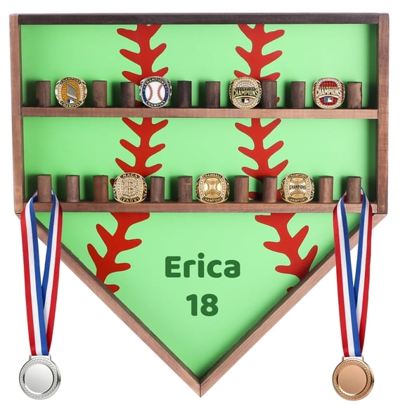 Personalized Ring Display Case, Baseball Softball Championship Ring Storage Stand, Wall Mounted Display Holder, Wooden Sports Memorabilia Rack for Medals, Present for Men, Green