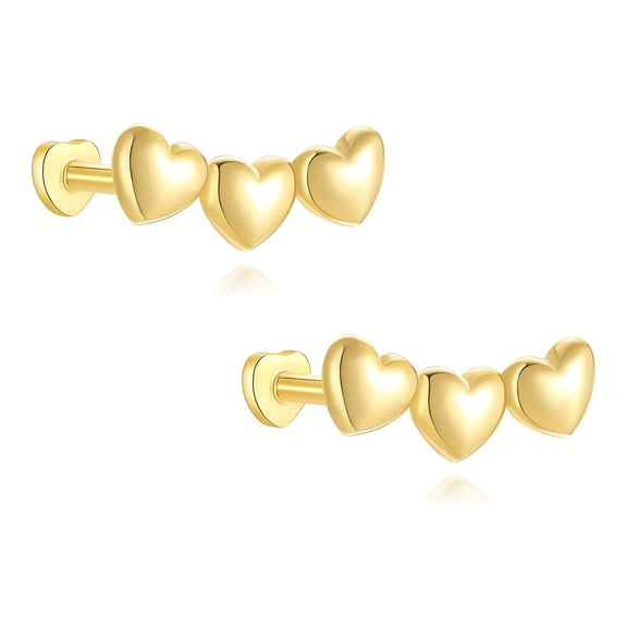 Heart Crawler Flat Back Earrings for Cartilage Helix Tragus Lobe Gold over Sterling Silver Studs Pair by Ginger Lyne