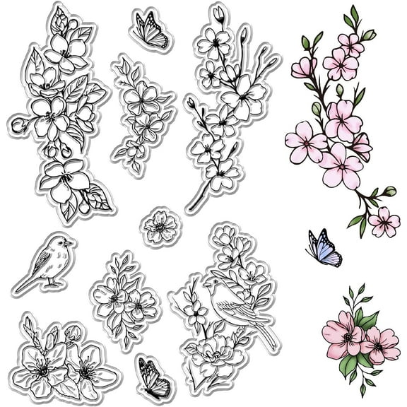 1 Sheet Cherry Blossom Spring Clear Rubber Stamps Reusable Sparrow Flowers Butterfly Transparent Silicone Stamp Seals Vintage for Journaling Card Making Decor DIY Scrapbooking Supplies Film Frame