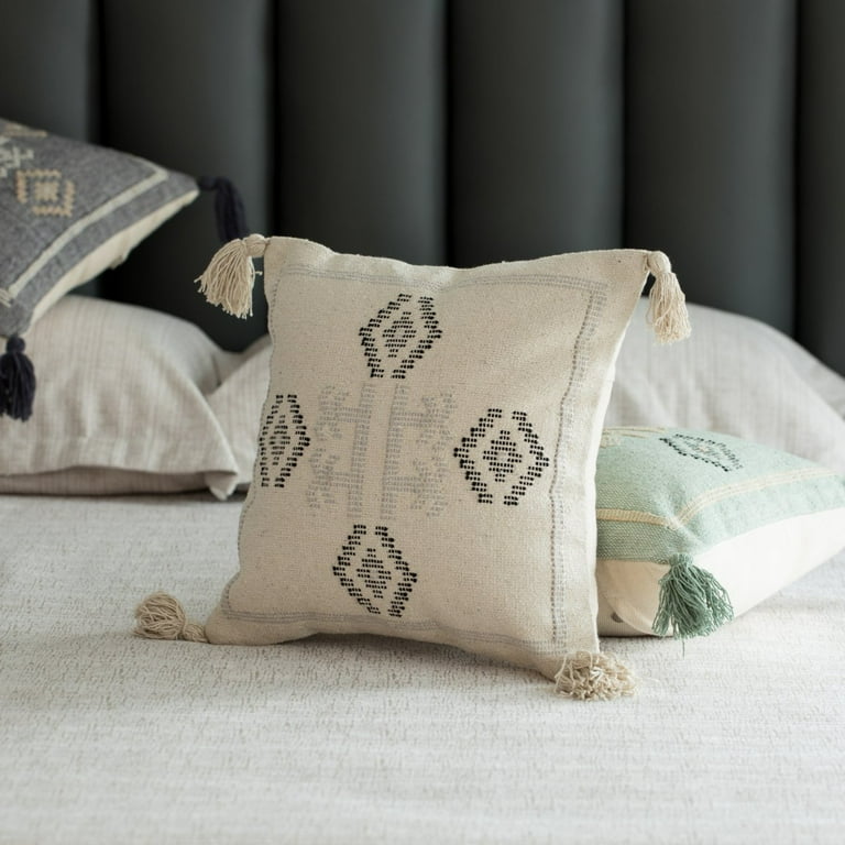 Indigo Gray Tribal Corner Tasseled Lumbar Pillow Indigo Gray Tribal Corner Tasseled Lumbar Pillow