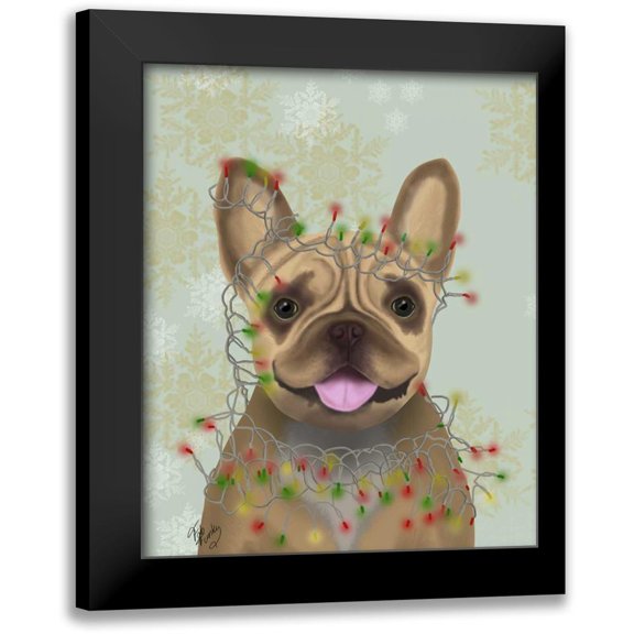 Fab Funky 12x14 Black Modern Framed Museum Art Print Titled - French Bulldog, Christmas Lights 1