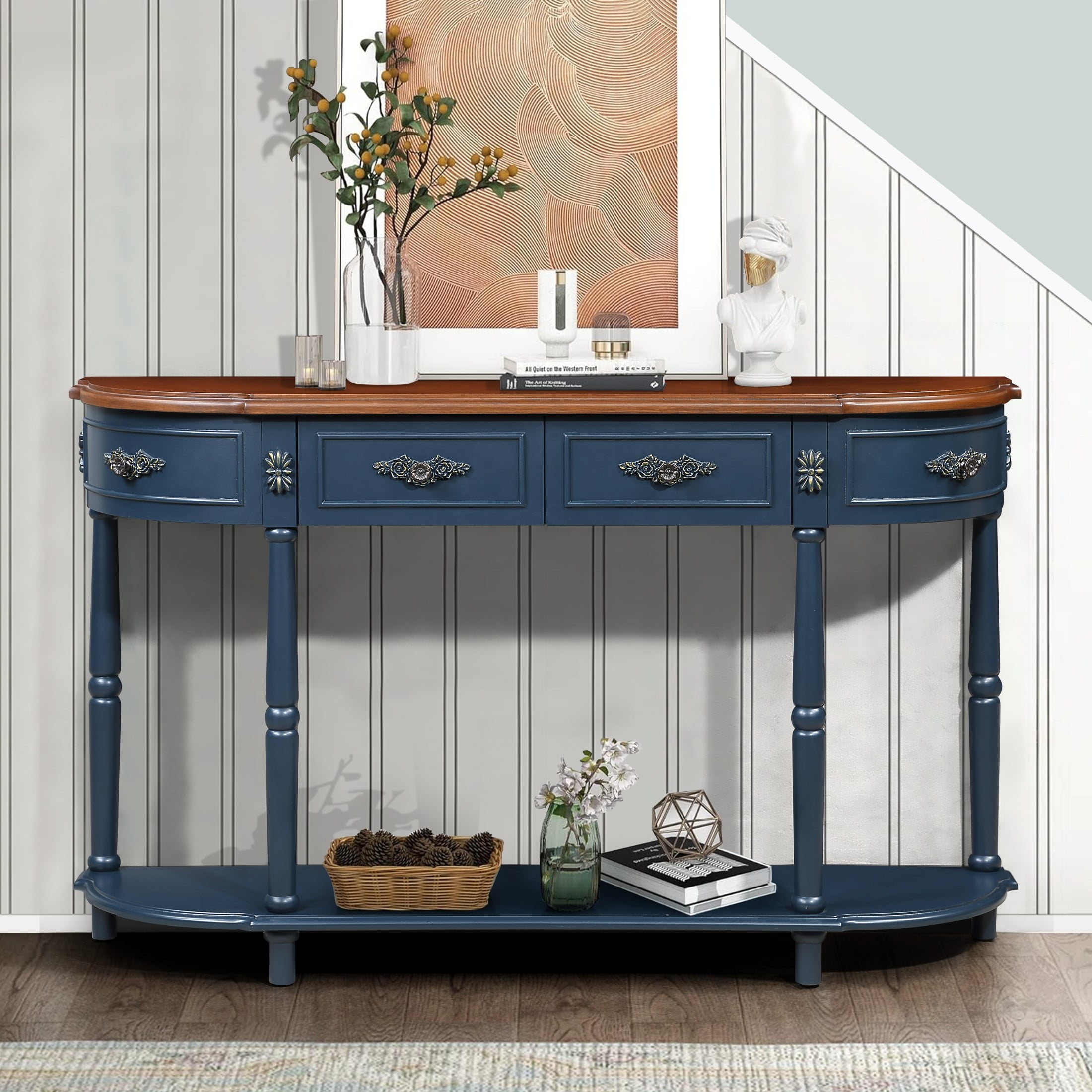 Aukfa Console Table, 52" Retro Half Moon Sofa Table with 2 Drawers and Shelf for Living Room/Hallway, Navy