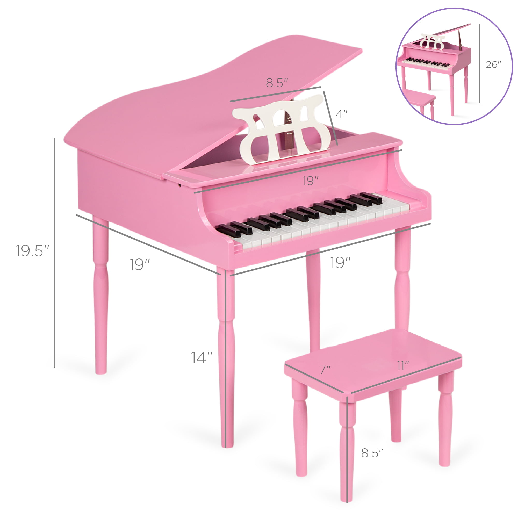 30 Keys Early Education Pink Wooden Happy Grand Piano for Toddlers /& Children
