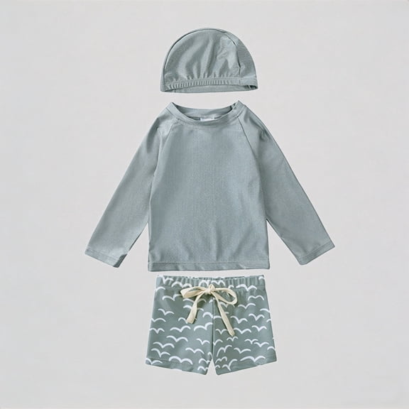 REDARER Toddler Boys' 3-Piece Swim Set – Green Long-Sleeve Rash Guard Seagull-Print Trunks Matching Swim Cap, UV-Protective Beach Swimwear,2-3 Years