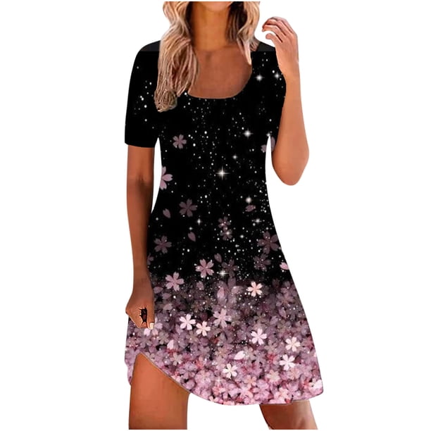 Mini vestido de manga corta cómodo suelto con estampado de cuello redondo de verano para mujer a la moda Fridja qw2591