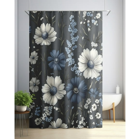 Navy shower curtain, spring night cottage style vintage floral arrangement wildflowers, fabric bathroom decor set with hooks, coconut dark petrol blue