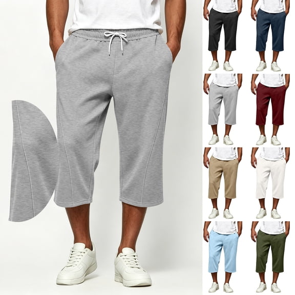 Mens Capri Pants Cropped Pants Below Knee Long Shorts 3/4 Loose Fit Lightweight Drawstring Sweatpants Pockets Size 3XL Gray