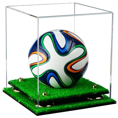 Deluxe Clear Acrylic Mini - Miniature (not Full Size) Soccer Ball Display Case with Gold Risers and Turf Base