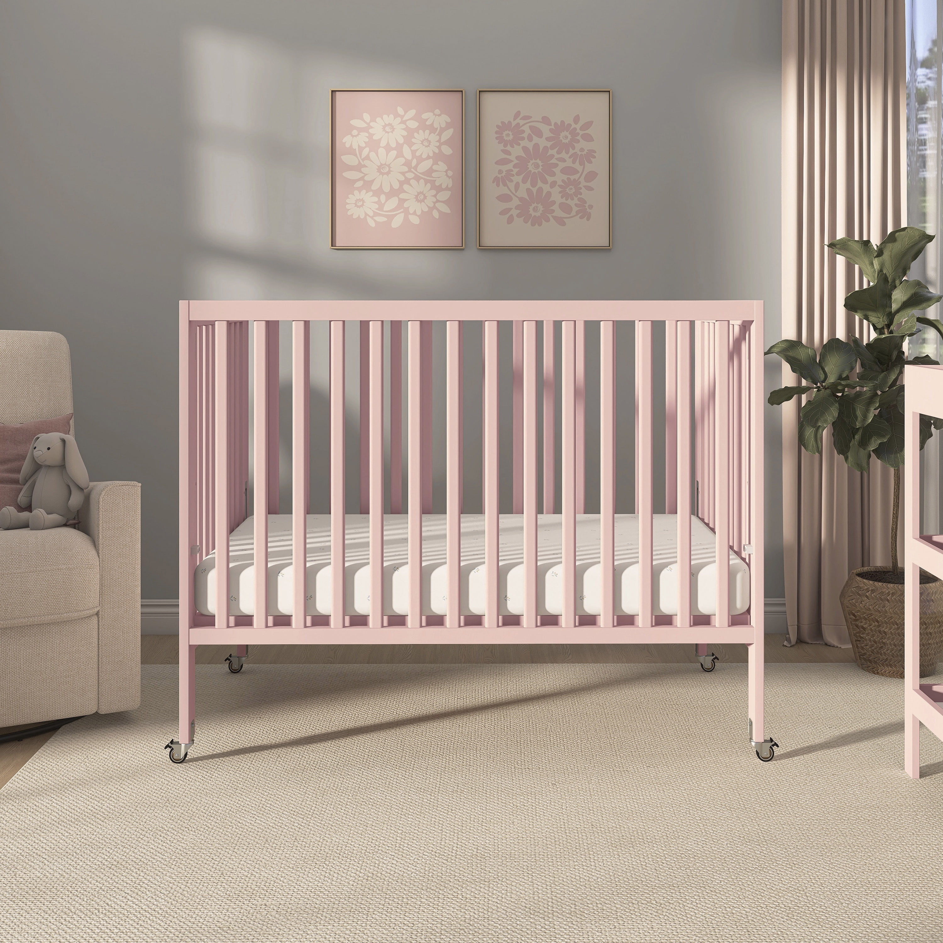 Dream On Me Quinn Full-Size Folding Crib, Patent Folding System in Blush Pink