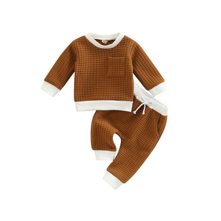 

Autumn Winter Newborn Baby Clothes Set Plaid Jacquard Contrast Long Sleeve Crewneck Sweatshirt+Long Pants