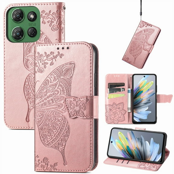 Decase for Moto G Power (2025) Fashion Wallet Case with Card Holder, Butterfly & Flower Embossed Folio PU Leather Flip Card Slots Kickstand Shockproof Case for Women and Men,Rosegold