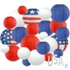 Just Artifacts 4th of July 24pc Assorted Paper Lanterns w/ 3pc Silver Glitter Garland Letters (Stars & Striped, USA)