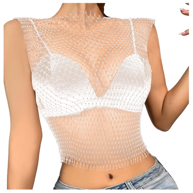 VJATTWR Oversized Tshirt Women Women's Rhinestone Mesh Tank Tops See Through Diamond Crop Top L