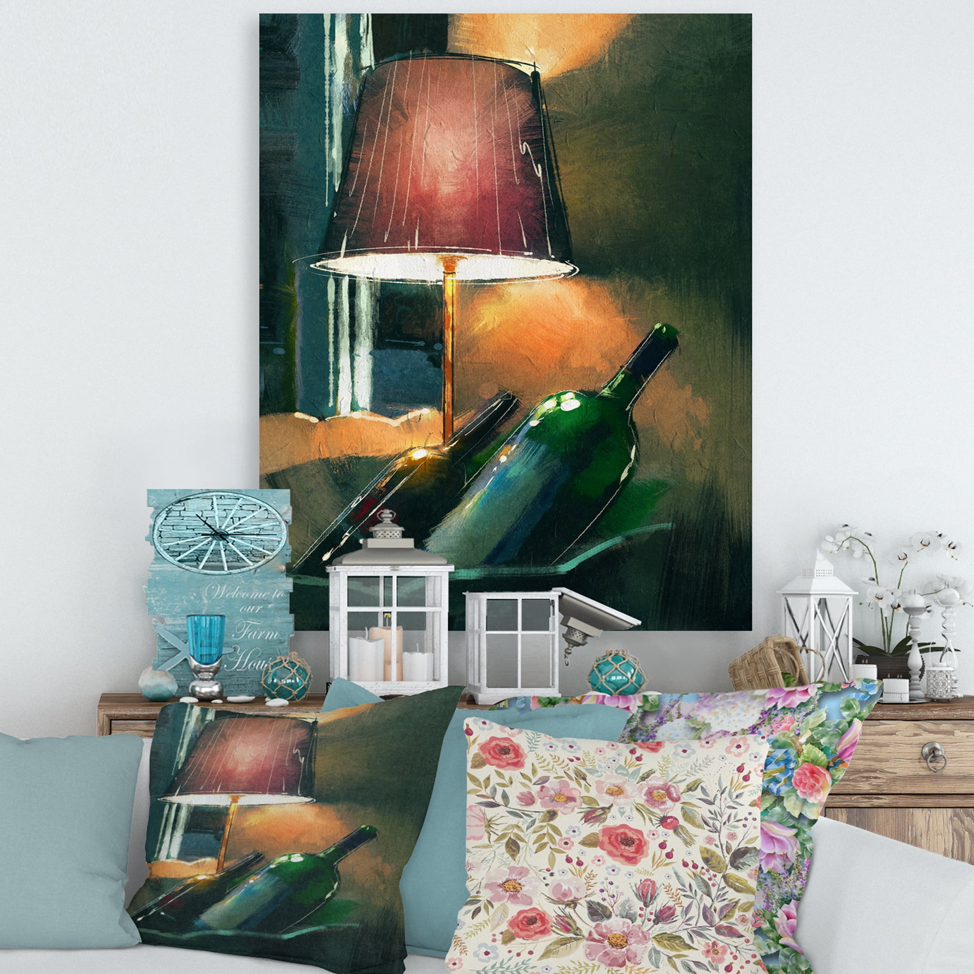 Designart ' Lamp Glowing Orange In The Night and Wine Bottles ' Modern Canvas Wall Art Print