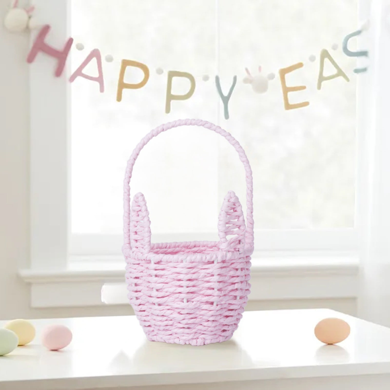 Easter Basket with Handle, Bunny Easter Baskets, Rabbit Harvest Flower Toy Mini Picnic Wine Woven Fruit Birthday Organizer, Easter Egg Cute Cookies Beach Storage, 1 Pcs, 8.19x4.88"