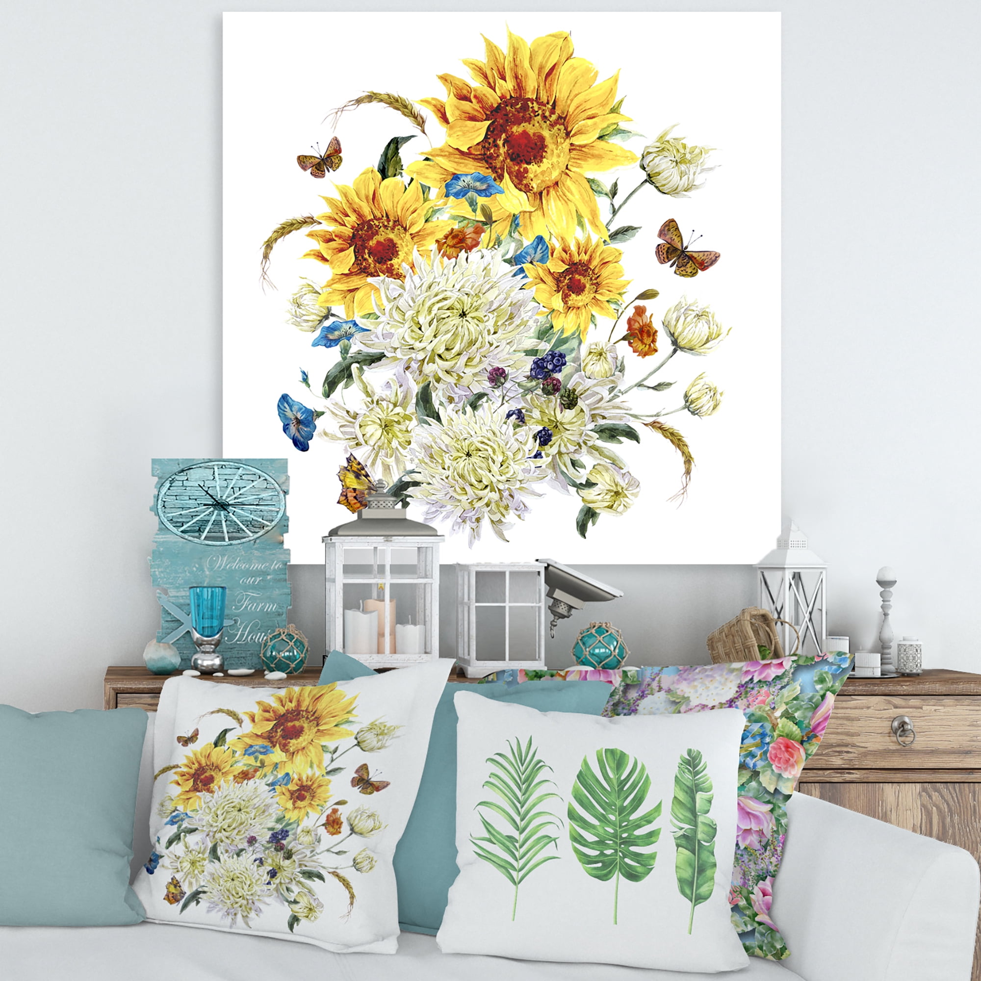 Designart ' Ancient Chrysanthemums and Sunflowers ' Traditional Canvas Wall Art Print