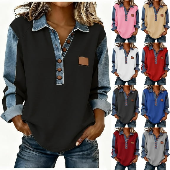 Otntypg Denim Patchwork Sweatshirts for Women Lightweight Casual Half Button V Neck Long Sleeve Splicing Pullover Tops Fashion Fall Spring Outfit Clothes Red M