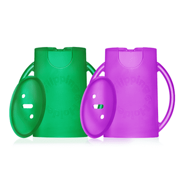 Squeeze Proof Flipping Holder DELUXE with lid 2-Pack for Food Pouches & Juice Boxes (Green & Purple) - Multipurpose Design with Cover - Prevent Messes & Support Self-Feeding - Handles