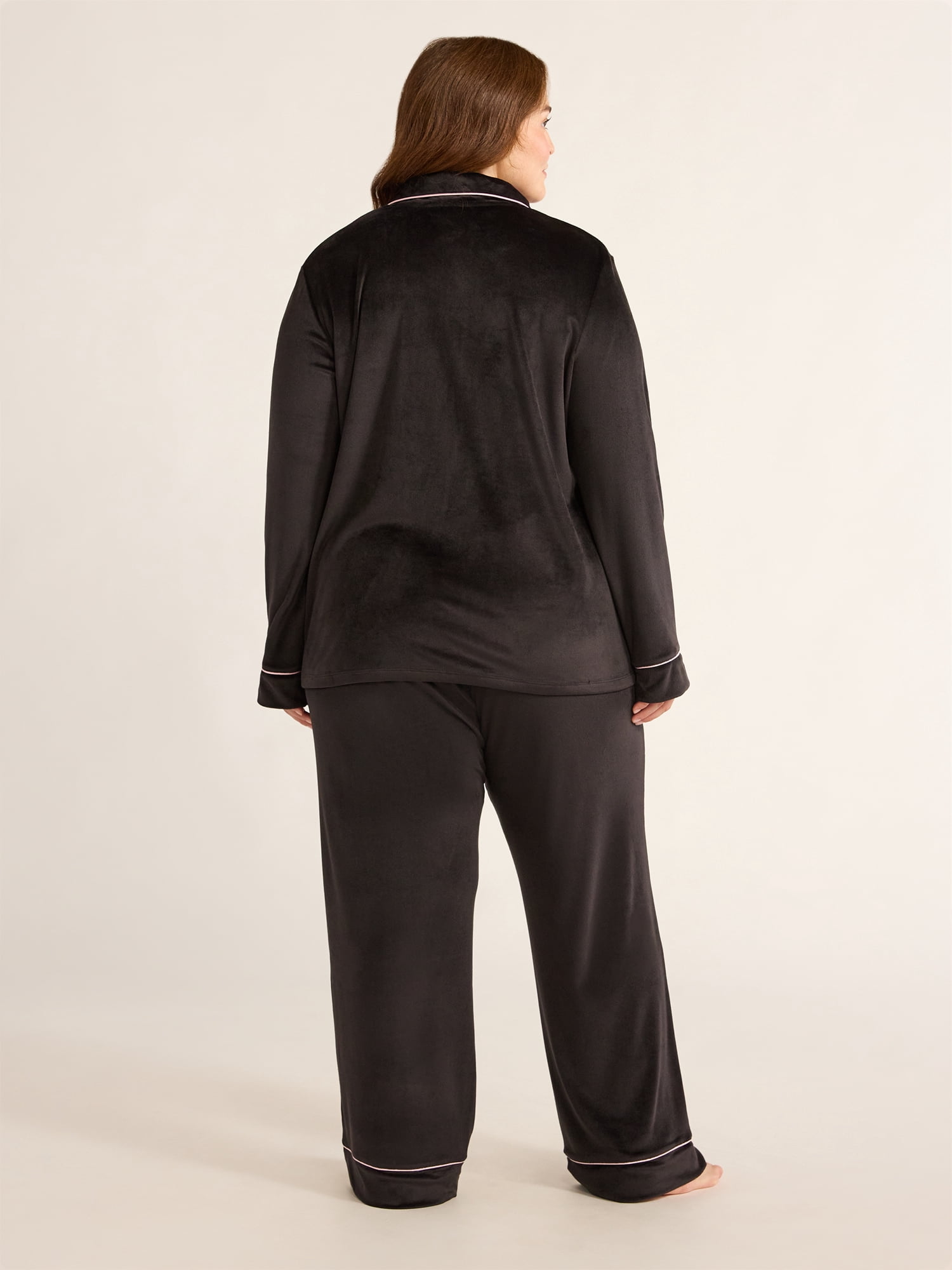 Joyspun Women's Velour Notch Collar Top and Pants Pajama Set, 2-Piece, Sizes S-3X
