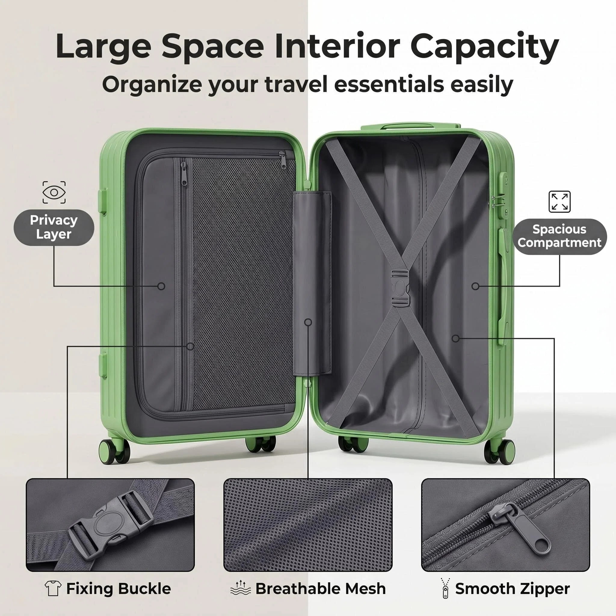 HEMXSZH 20 Inch ABS+PC Hardside Rolling Luggage with Handbag, Cup Holder & USB Port Suitcase, Green