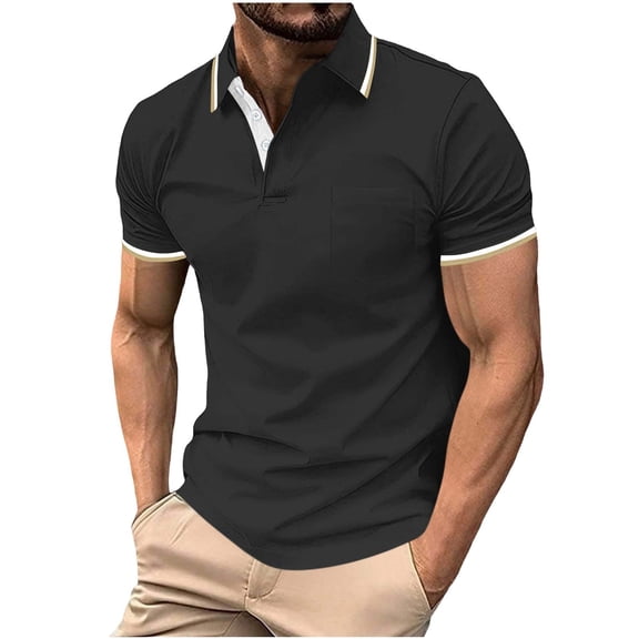 successthop Dress Shirts for Men Short Sleeve Shirts with Pocket Button Up Collar Tops Color Block Casual Button Black