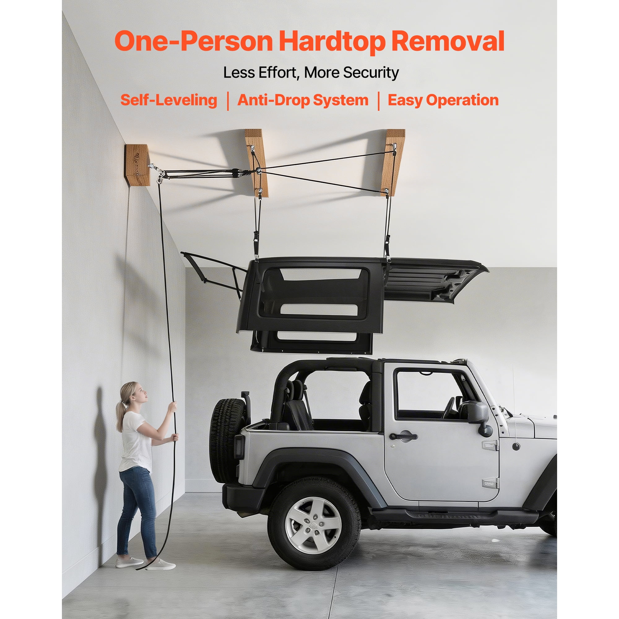KFFKFF Hard Top Removal Lift, 220 lbs Capacity, Roof Hoist with Safety System, Simple One-Person Use, Fits 8-16 in Ceilings, Compatible with 2-Door & 4-Door Jeep Wrangler JK JL & Ford Models