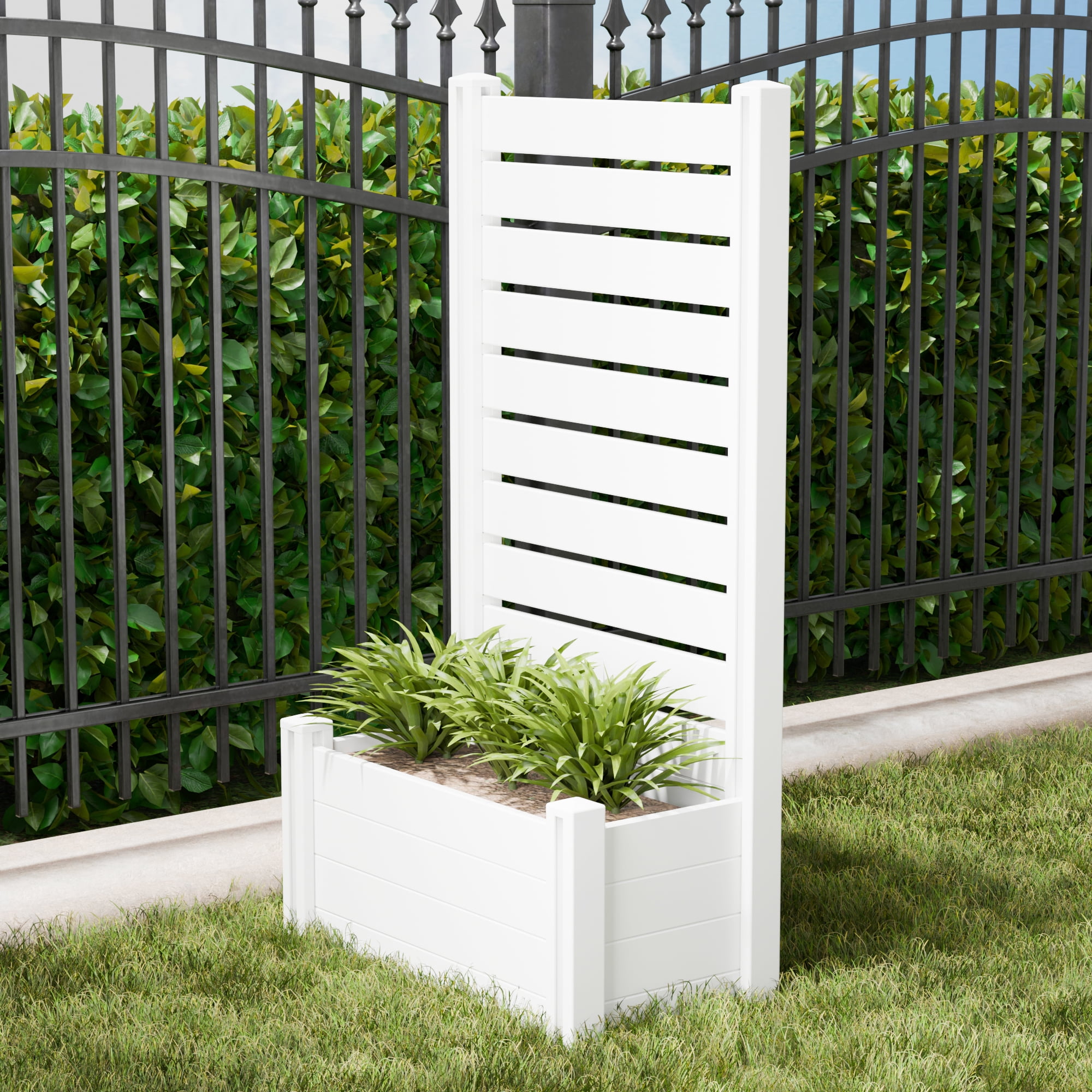 MAYEERTY Outdoor White PVC Rectangular Planter Box with Trellis for Climbing Plants, Raised Garden Bed