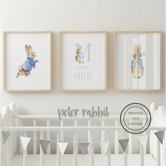 UNFFRAMED Peter Rabbit Nursery Posters, Baby Name Poster, Peter Rabbit Nursery Decor, Nursery Wall Art, Baby Decor, Beatrix Potter Set Of 3 Set 3 Prints 8x12